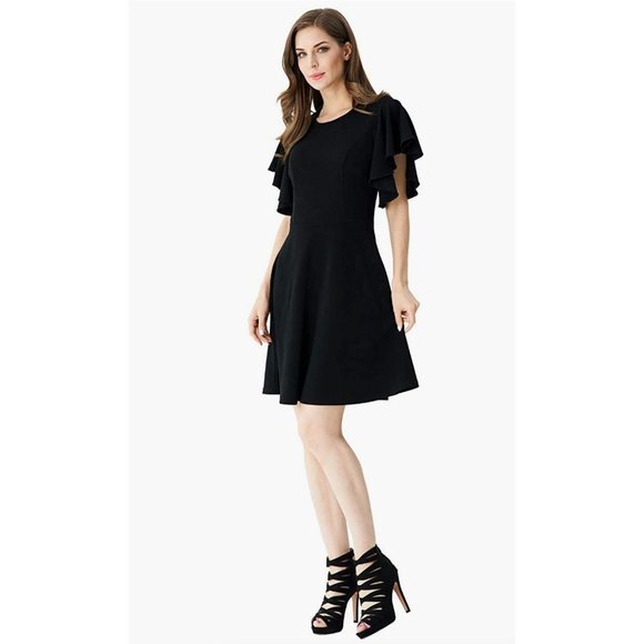 Size XXL‎ 1X 16 BLACK CREPE FLUTTER SLEEVE SKATER DRESS Wedding Party PLUS SIZE - Picture 10 of 11